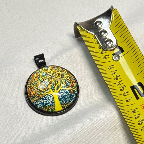 Tree Of Life Pendant Necklace Art Glass Yellow Blue Dome Black Alloy Boho Gift - Picture 4 of 6